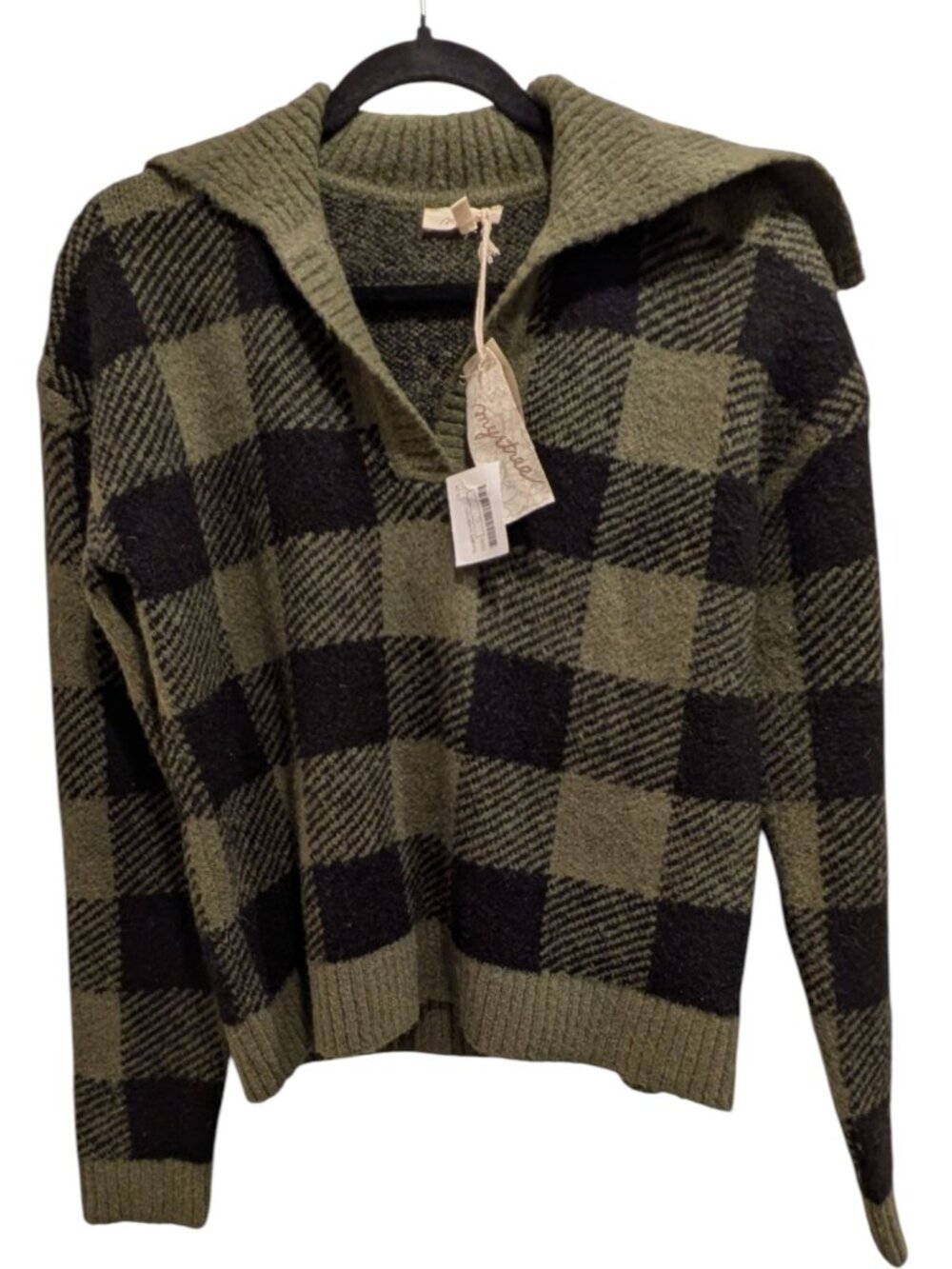 NEW Mystree Olive Green Buffalo Plaid Collared Sweater | S